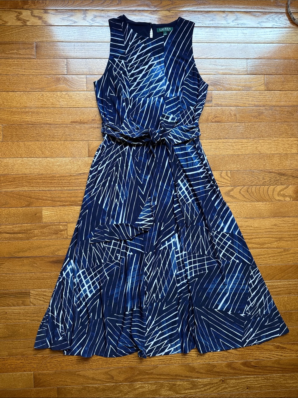 Lauren Ralph Lauren Navy & White Abstract Belted Midi Dress